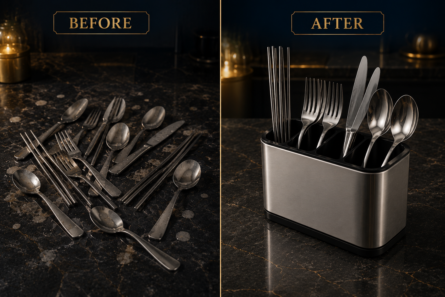 Before and after comparison - wet countertop vs dry countertop with Flovio organizer